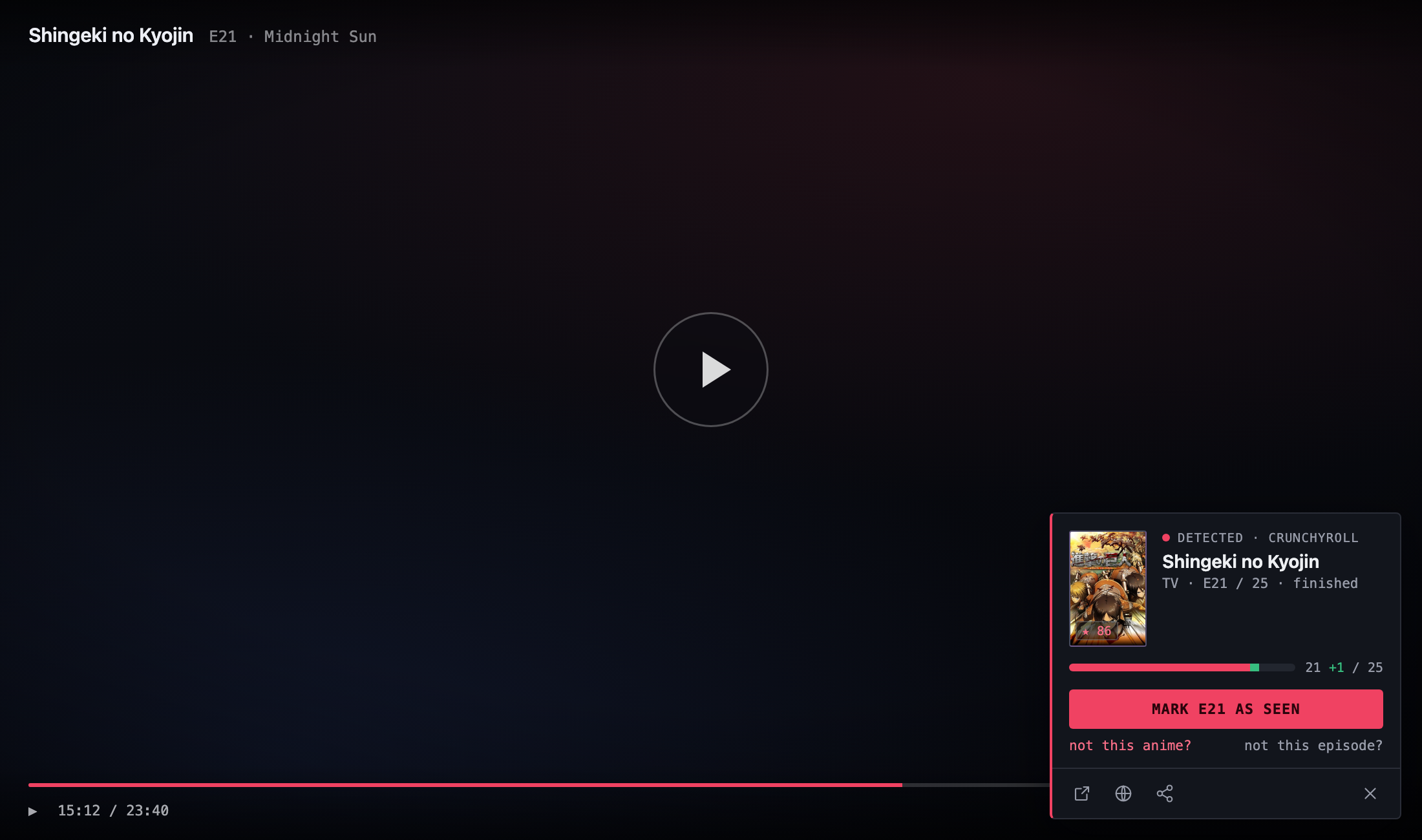 YumeDB Tracker card over a streaming player, detecting the current episode